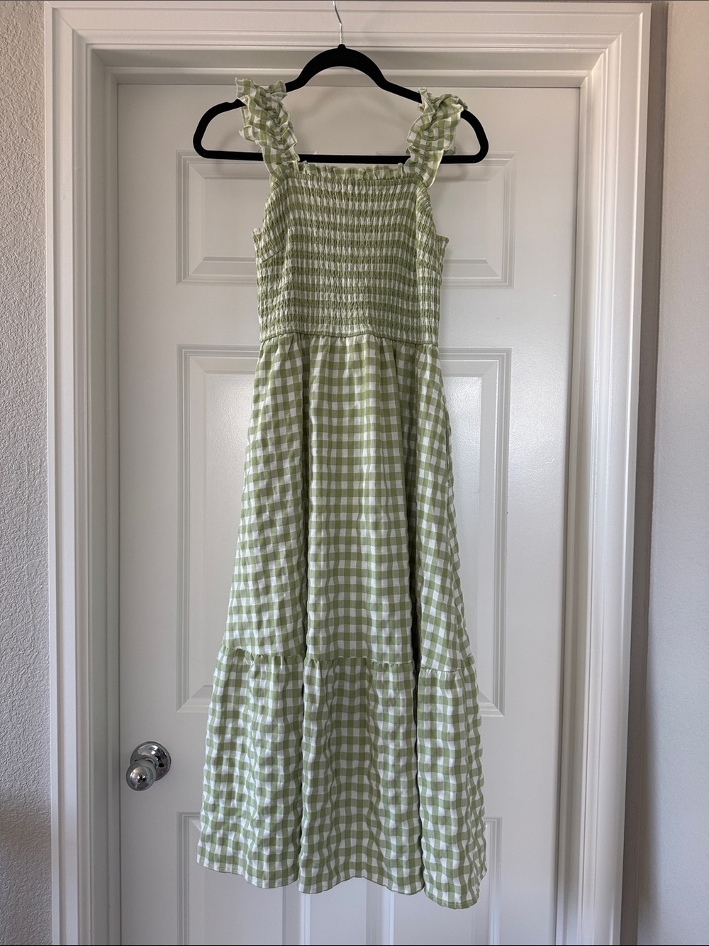 Light Green Gingham Smocked Sundress with Ruffle Straps